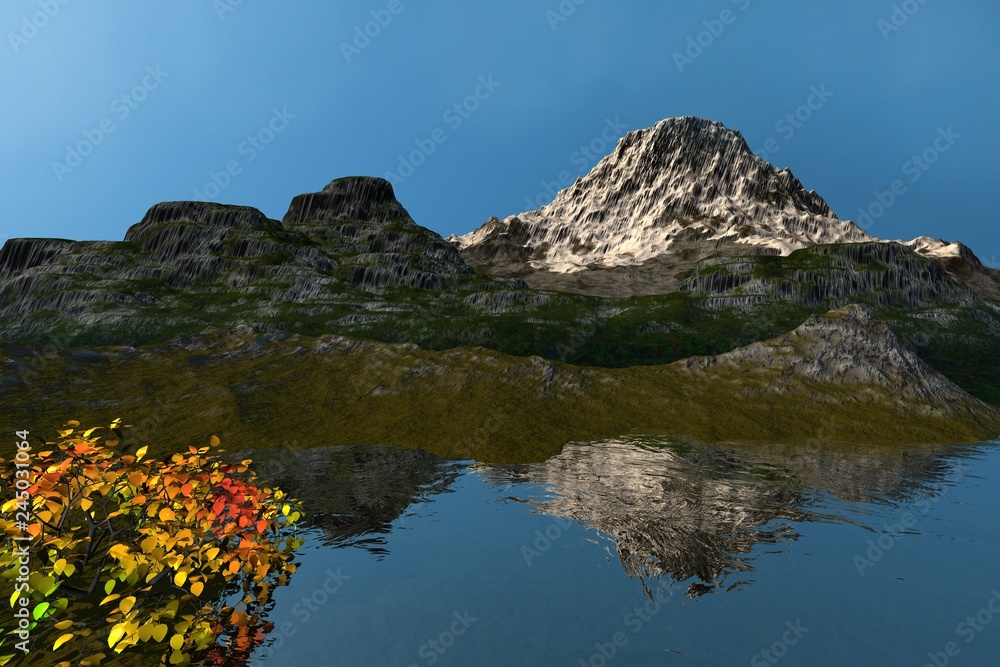 Snowy mountain, an alpine landscape, reflection on water, a beautiful tree and a clear sky.