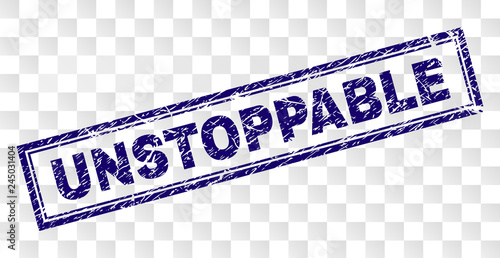 UNSTOPPABLE stamp seal imprint with rubber print style and double framed rectangle shape. Stamp is placed on a transparent background.