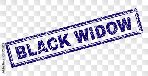 BLACK WIDOW stamp seal print with rubber print style and double framed rectangle shape. Stamp is placed on a transparent background. Blue vector rubber print of BLACK WIDOW tag with scratched texture.