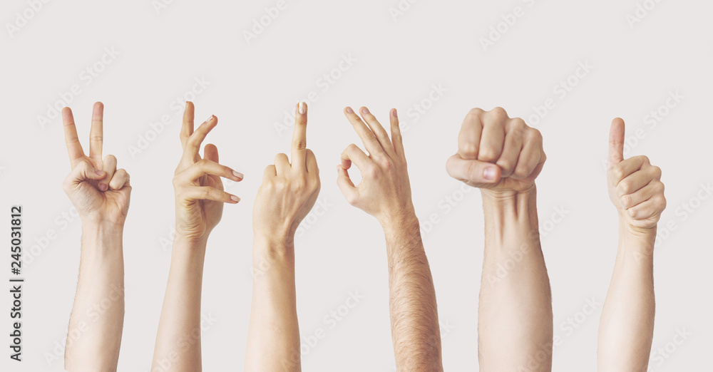 Multiple female hand gestures on gray background Multiple female hand gestures on gray background
