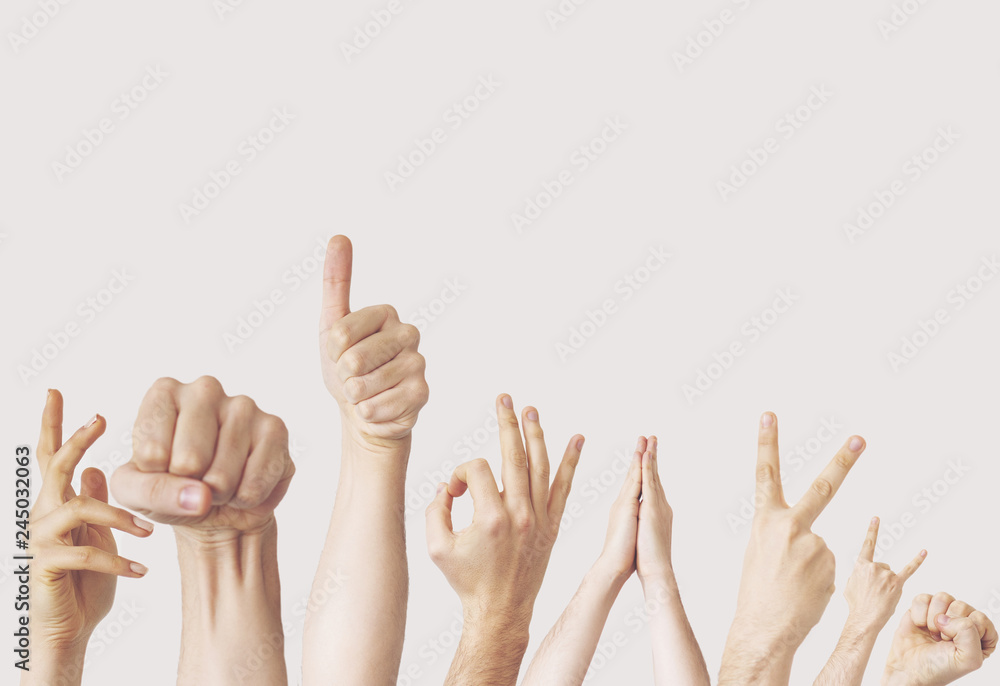 Multiple female hand gestures on gray background Multiple female hand gestures on gray background