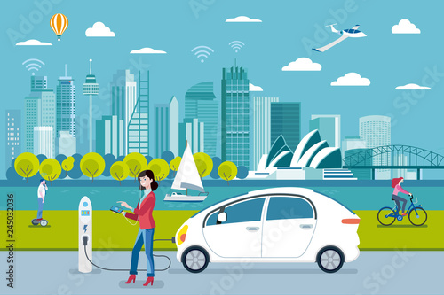 Woman charging a electric car in Sydney