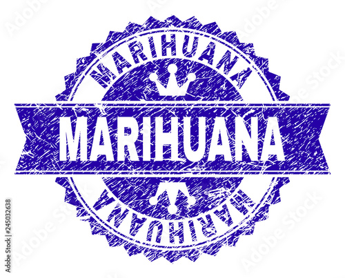 MARIHUANA rosette stamp imitation with distress style. Designed with round rosette, ribbon and small crowns. Blue vector rubber watermark of MARIHUANA tag with grunge style.