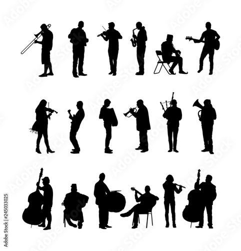 Big set of musician with music instrument silhouette. Guitar player, contrabass, violin, accordion, flutist, saxophone, bagpiper, clarinet, double bass, trumpet, bugler, drummer, cello, cellist artist