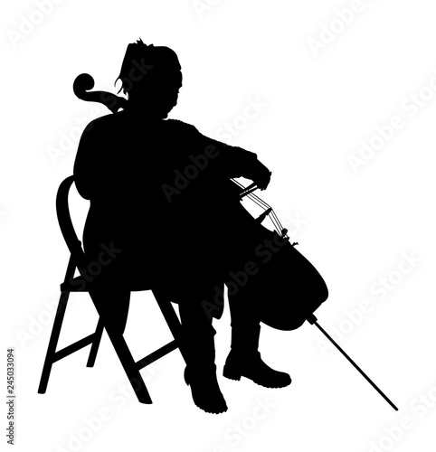 Woman cellist siting and playing cello vector silhouette. Music artist girl play string instrument. Jazz woman street performer. Musician play cello. Entertainment for public. Classic music event.