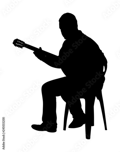 Bouzouki player vector silhouette illustration. Street performer. Greek traditional string instrument. Folklore performer on the street. Greece folk event. Baglama, zurna, turkish performer.