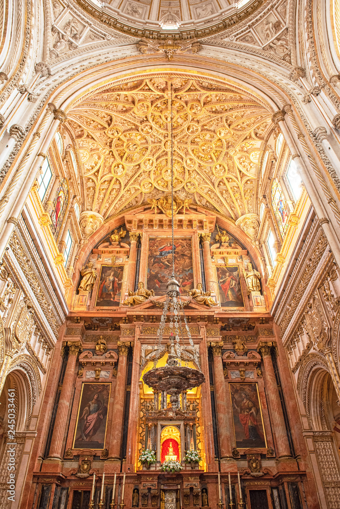 Obraz premium CORDOBA, SPAIN - 16 MAY, 2018: Decorated interior of the Great Mosque, Mezquita, Cathedral of Our Lady of the Assumption in Cordoba