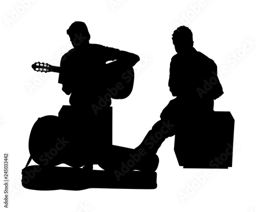 Street performers with guitar and flute, clarinet vector silhouette illustration isolated on white background. Guitar player, and flutist. Musician duet. Music event.