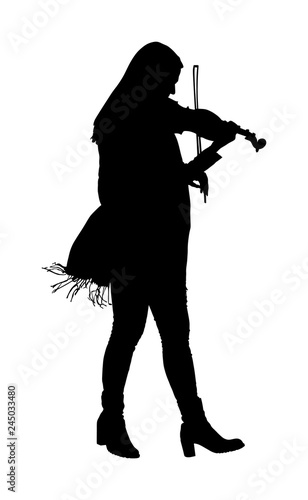 Beautiful young musician woman playing violin vector silhouette isolated on white background. Music performer artist silhouette.
