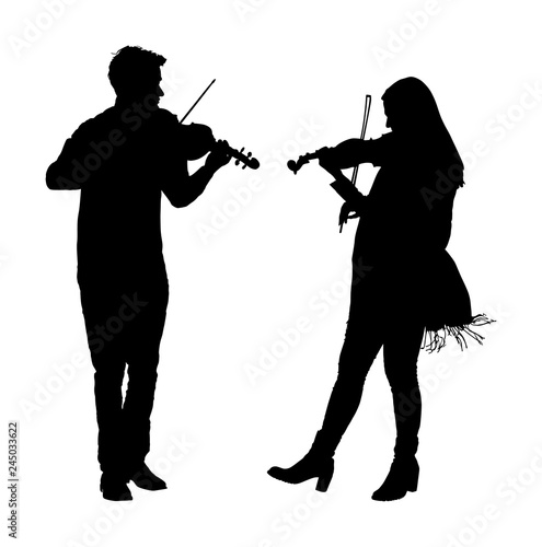 Young man and woman playing violin in duet vector silhouette isolated on white. Classic music performer concert. Musician artist amusement public. Virtuoso on violin. Girl plays string instrument.