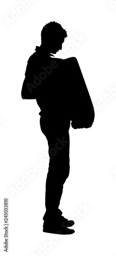 Musician accordion man vector silhouette Illustration isolated on white background. Music event on the public. Street performer amusement public.  Music artist. Jazz man. 
