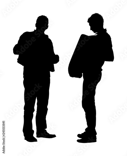 Musician accordion man duet vector silhouette Illustration isolated on white background. Music competition event on the public. Street performer amusement public.  Music artist. Jazz man. 