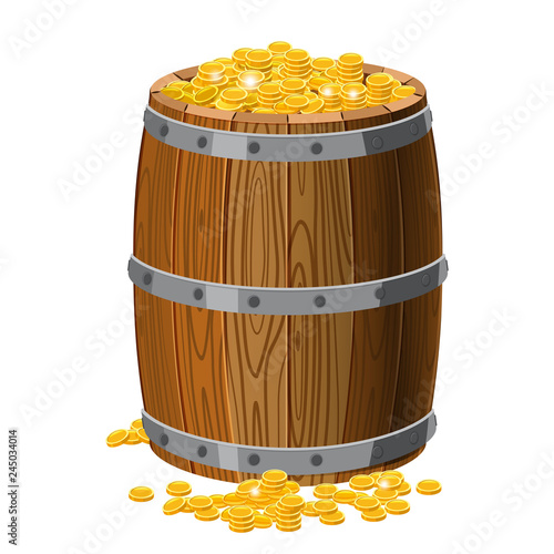 Wooden barrel with treasures, gold coins, with metal stripes, for alcohol, wine, rum, beer and other beverages, or treasures, gunpowder. Isolated on white background. Vector illustration. Cartoon