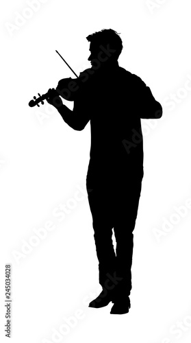 Young musician man playing violin vector silhouette illustration isolated on white. Classic music performer concert. Musician artist amusement public. Virtuoso on violin. Boy plays string instrument.