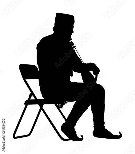 Guslar play gusle vector silhouette, traditional music instrument from Montenegro and Balkan. Balkan musician player and singer vector illustration. Folklore artist event.