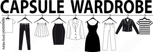 Capsule wardrobe banner, EPS 8 black vector silhouette, no white objects