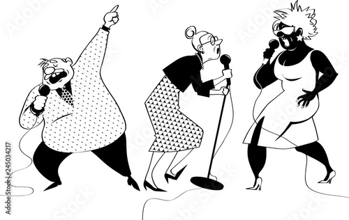 Three vector cartoon characters of senior people singing karaoke, EPS 8 vector illustration