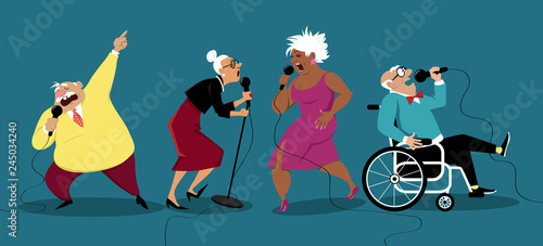 Karaoke at retirement home, EPS 8 vector illustration