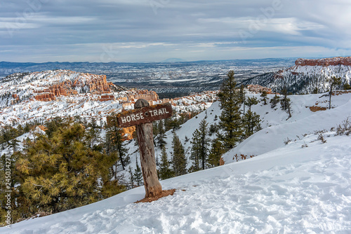 Snowy horse trail on a mountain top. photo