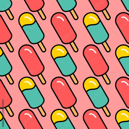Ice cream seamless pattern. Cute colorful popsicle on pink background