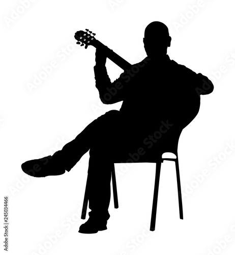 Music man sitting on the chair with guitar. Guitarist vector silhouette, guitar player artist. Public concert entertainment. Singer musician show on stage. Art event with string instrument performer