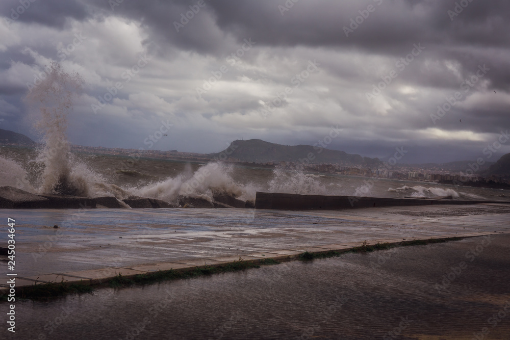 Storm on Palermo, Waves and Coast of Sicily, Italy