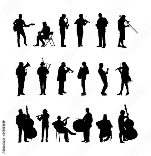 Big set of musician with music instrument silhouette. Guitar player, contrabass, violin, accordion, flutist, saxophone, bagpiper, clarinet, double bass, trumpet, bugler, drummer, cello, cellist artist