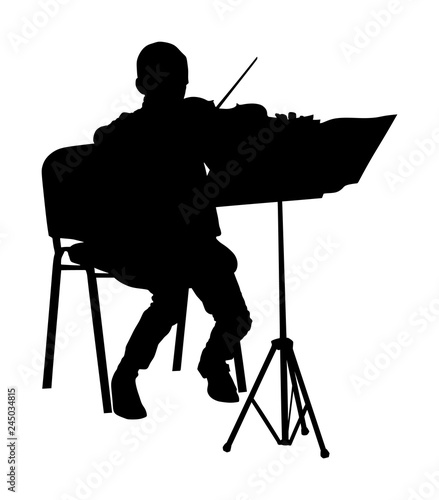 Young man playing violin vector silhouette isolated on white background. Classic music performer concert. Musician artist amusement public. Virtuoso on violin. Boy plays string instrument.