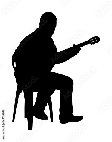 Bouzouki player vector silhouette illustration. Street performer. Greek traditional string instrument. Folklore performer on the street. Greece folk event. Baglama, zurna, turkish performer.