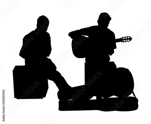 Street performers with guitar and flute, clarinet vector silhouette illustration isolated on white background. Guitar player, and flutist. Musician duet. Music event.
