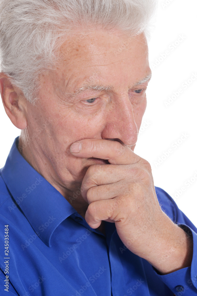 Thougthful senior man portrait on white background Thougthful senior man portrait on white background