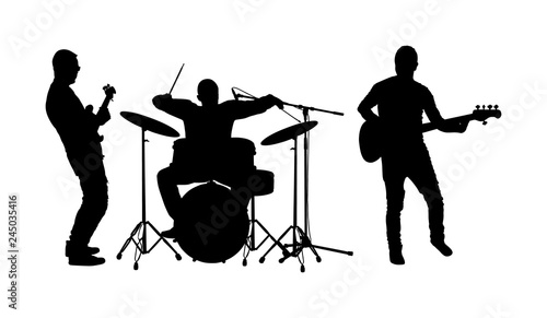 Rock and roll band vector silhouette illustration. Musician play bass guitar and drums on stage. Super star music concert show. Great event for fan supporters. Drummer and guitarists players.