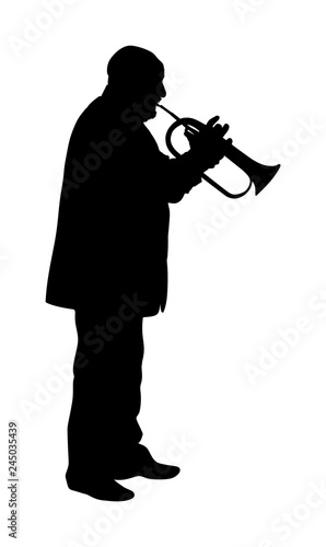 Musician man with trumpet on stage vector silhouette isolated on white background. Music men. Jazz man. Bugler man street performer.