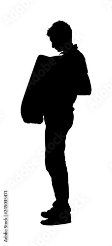Musician accordion man vector silhouette Illustration isolated on white background. Music event on the public. Street performer amusement public.  Music artist. Jazz man. 