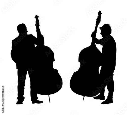 Man on street vector silhouette illustration playing contra-bass. Music man standing on the concert event. Contra bass artist duet. Classic music instrument event. Music street performers.