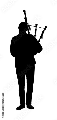 Bagpiper musician vector silhouette on white background. Street perform. Music performer play on traditional instrument. Bagpipe, pipes vector.