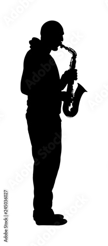 Saxophone player vector silhouette illustration. Music man play wind instrument. Music artist. Jazz man. Bugler street performer. Musician play trumpet. Entertainment for public. Classic music event.