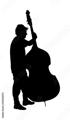 Man on street vector silhouette illustration playing contra-bass. Music man standing on the concert event. Contra bass artist. Classic music instrument event. Music street performer.