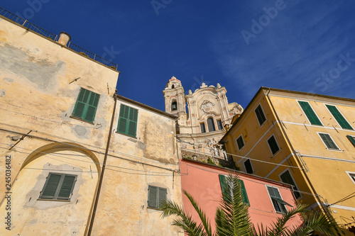 View of the medieval village of Cervo Ligure, elected as one of the most beautiful borough in Italy, with St John the Baptist church also called "church of the Corallites"