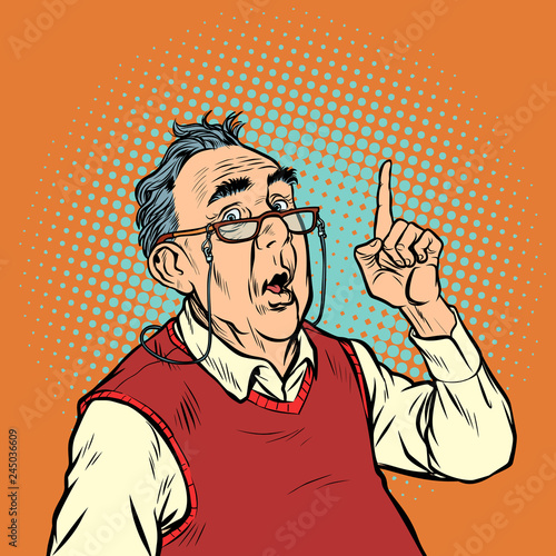 surprise elderly man with glasses attention gesture index finger up
