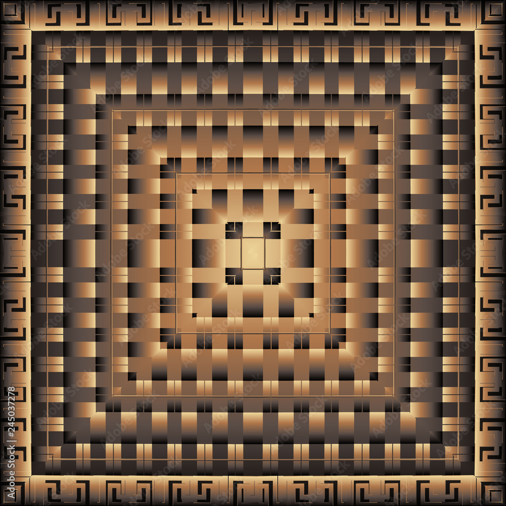Modern 3d geometric greek vector square pattern. Panel. Mandala. Tile. Ornamental textured abstract background. Repeat striped patterned backdrop. Surface texture. Ancient greek key meanders ornament Modern 3d geometric greek vector square pattern. Panel. Mandala. Tile. Ornamental textured abstract background. Repeat striped patterned backdrop. Surface texture. Ancient greek key meanders ornament