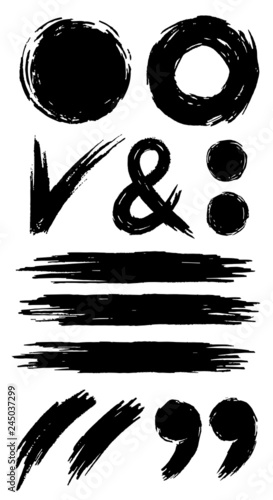 Grunge Brush Set. Font elements: lines, circles, quotes, dots, ampersand, check mark. Watercolor brushes.