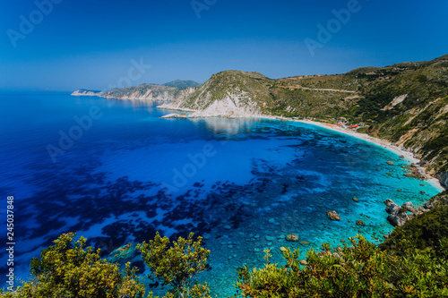 Amazing water colors of Petani beach, Kefalonia, Greece Ionian islands. Summer adventure vacation holiday luxury travel romantic honeymooning concept. Must see place