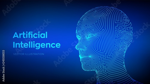 AI. Artificial intelligence concept. Ai digital brain. Abstract digital human face. Human head in robot digital computer interpretation. Robotics concept. Wireframe head concept. Vector illustration.