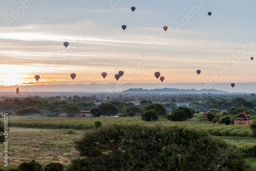 Balloons over Bagan and the skyline of its temples, Myanmar