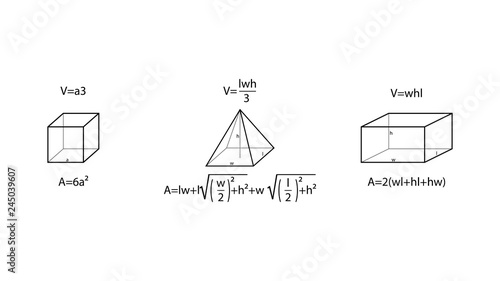 Pyramid, cube, rectangular prism vector. Geometry formulas vector illustration