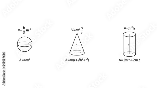 Cone, cylinder, sphere vector. Geometry formulas vector illustration