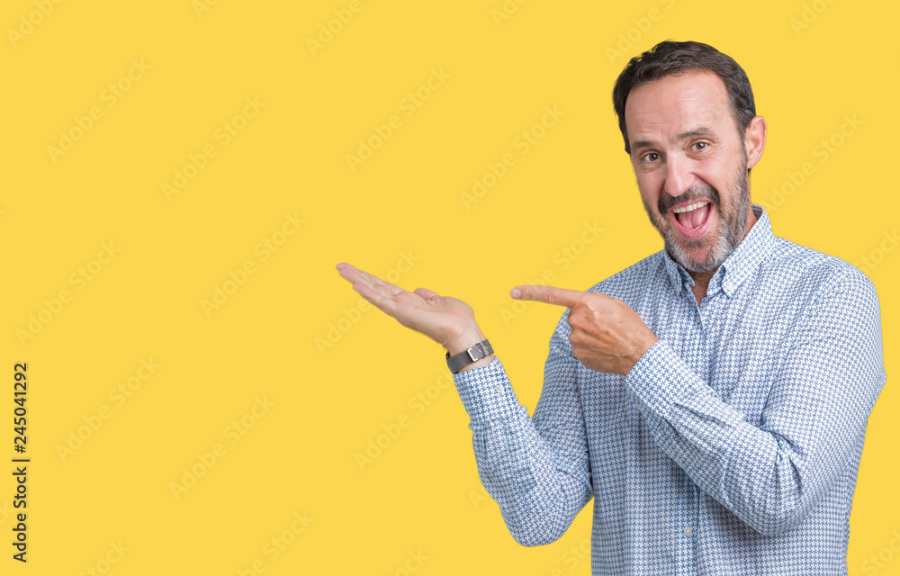 Handsome middle age elegant senior man over isolated background amazed and smiling to the camera while presenting with hand and pointing with finger. Handsome middle age elegant senior man over isolated background amazed and smiling to the camera while presenting with hand and pointing with finger.