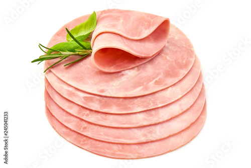 Fototapeta Naklejka Na Ścianę i Meble -  Thinly Sliced Ham with basil and rosemary, close-up, isolated on a white background