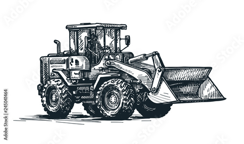 Dozer, bulldozer, tractor sketch. Excavation work, heavy construction vehicle. Hand drawn vector illustration